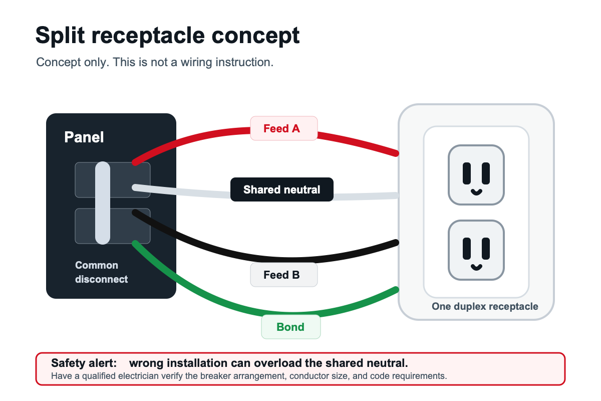 Concept diagram showing red, black, white, and green conductors feeding a split kitchen receptacle from a two pole breaker