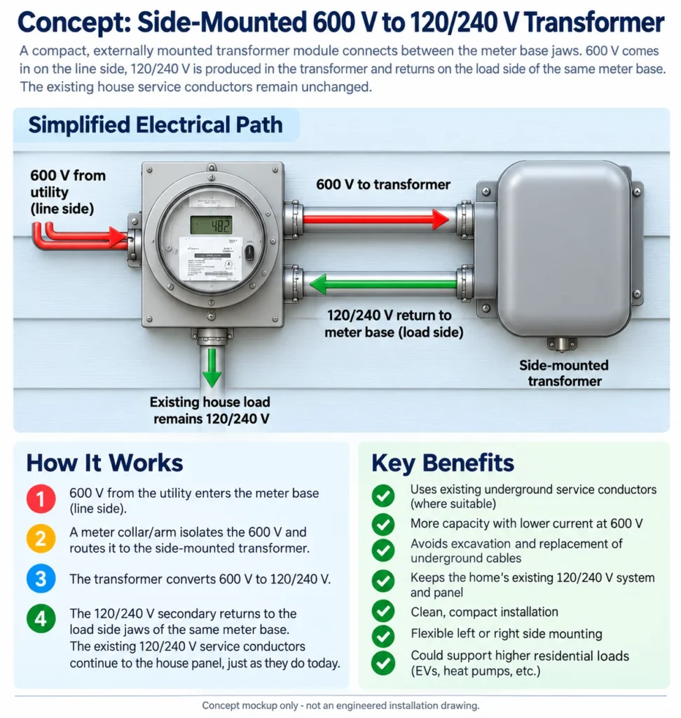 Corrected concept mockup of a side-mounted 600 V to 120/240 V transformer with 120/240 V returning to the meter base load side.