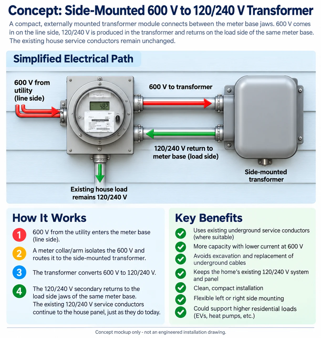Corrected concept mockup of a side-mounted 600 V to 120/240 V transformer with 120/240 V returning to the meter base load side.